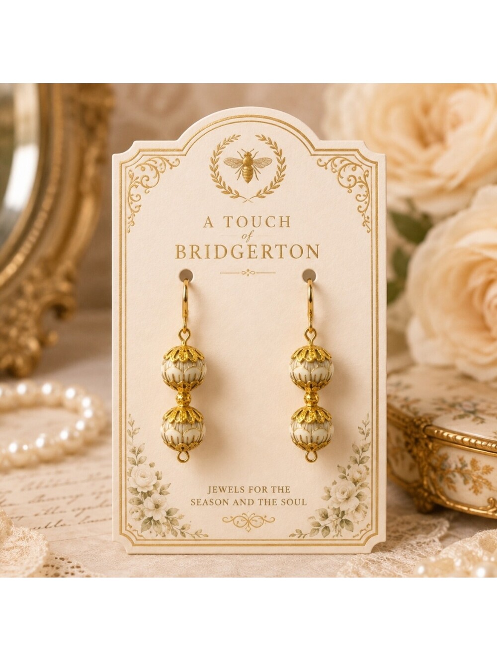 Daphne Bridgerton Regencycore Romantic Elegant Gold Ivory Pearl Drop Earrings